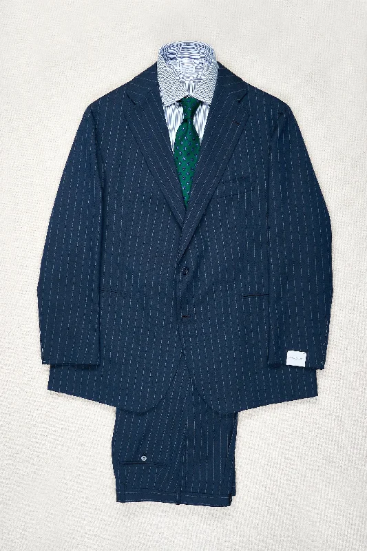 Men's designer formal suits -Orazio Luciano Blue with White Chalkstripe Wool Suit Bespoke