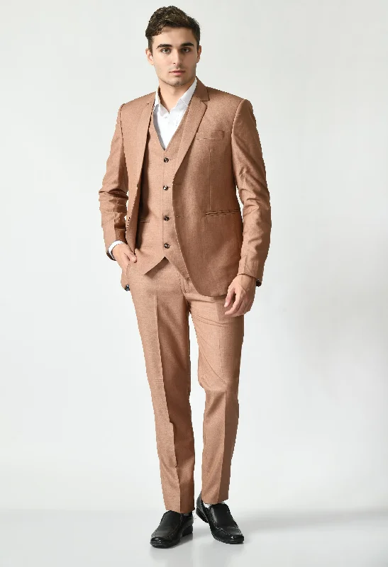 Men's tuxedo for business meeting -Peach Solid Knitted Slim Fit Suit