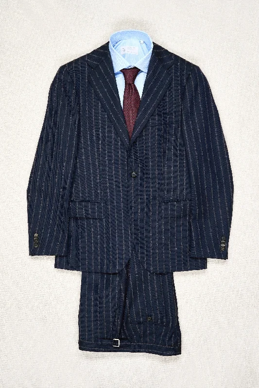 Men's classic navy blue tuxedo -Ring Jacket Meister Navy Twill with Purple Stripe Wool Suit