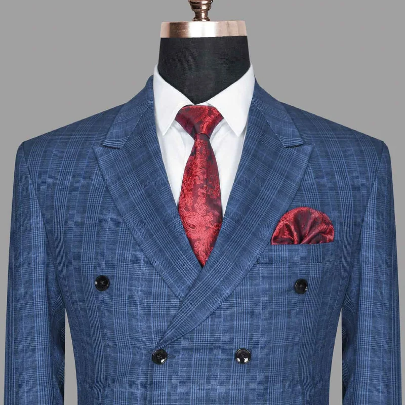 Best suits for office wear -Royal Blue Plaid Double Breasted Blazer