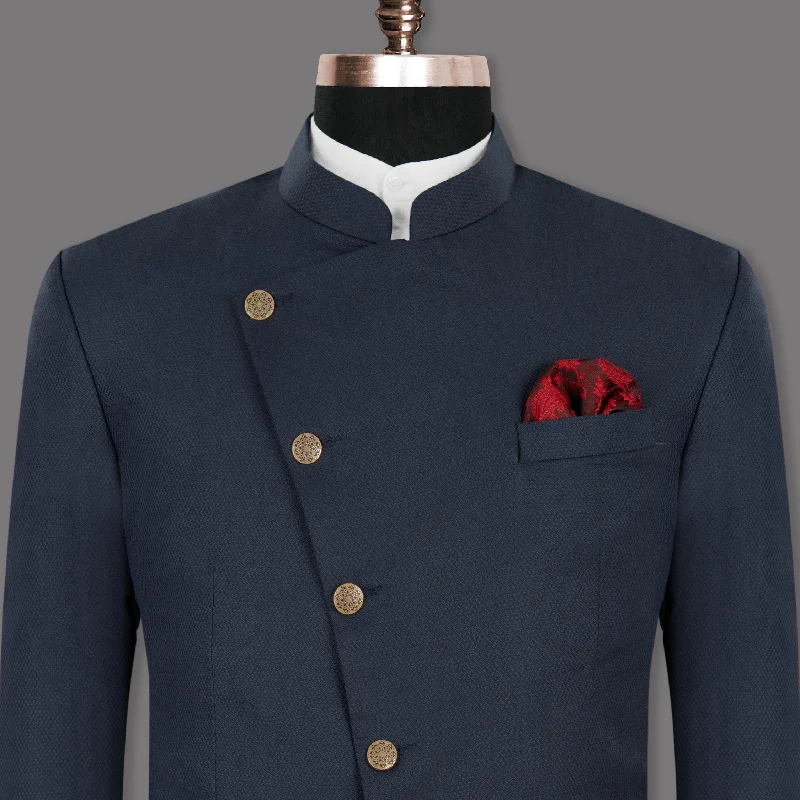 Men's black tie wedding suit -Royal Blue Wool Rich Cross Placket Bandhgala/Mandarin Blazer