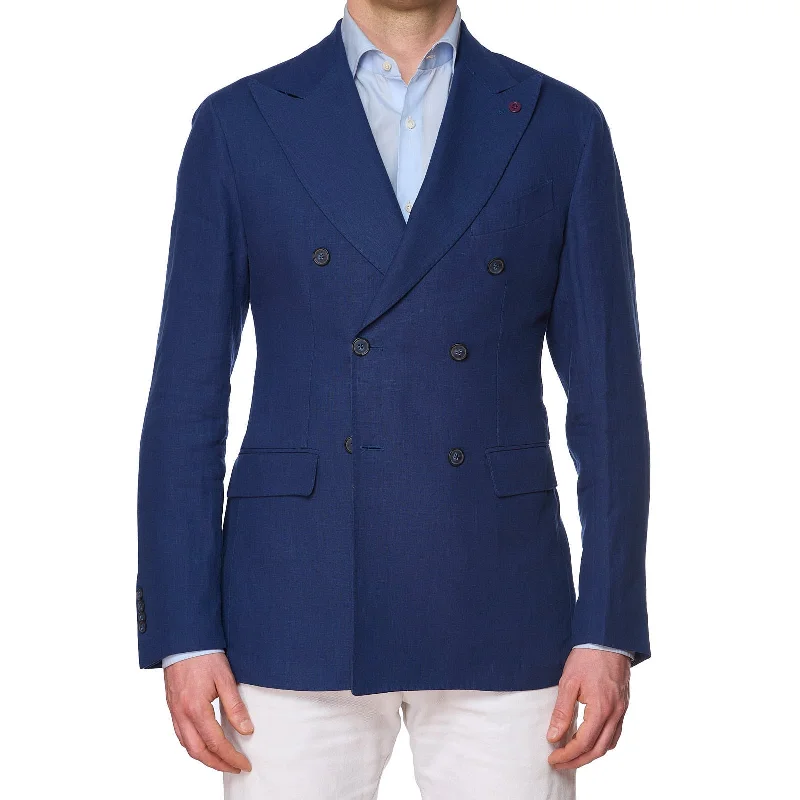 Men's elegant business suit -SARTORIA PARTENOPEA for VANNUCCI Blue Linen DB Jacket Blazer NEW