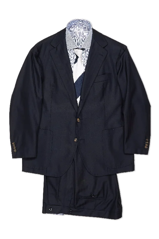 Men's tailored tuxedo with vest -Sartoria Solito Navy Herringbone Wool Jacket with Ambrosi Trousers