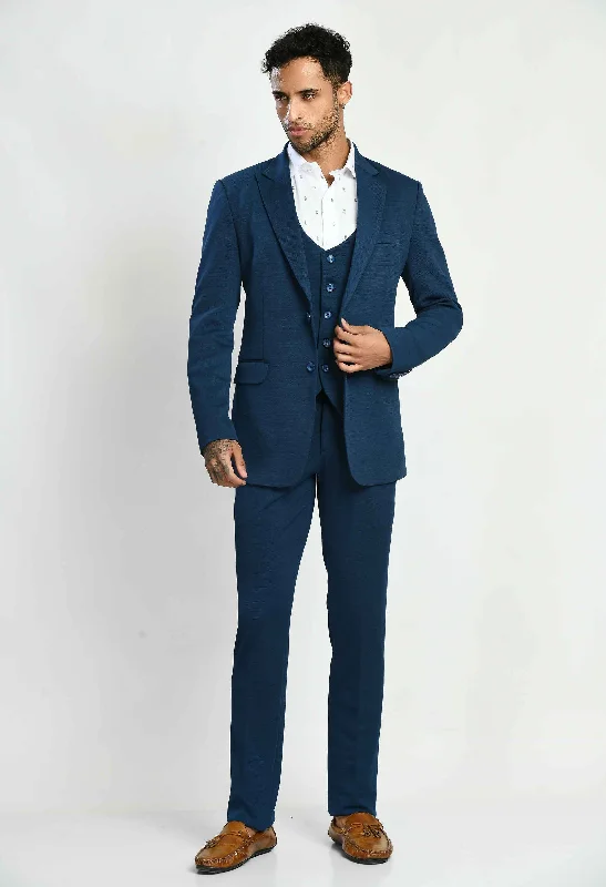 Men's office attire with suit -Solid Navy Blue Casual Suit Set