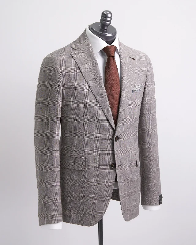 Men's plaid wedding tuxedo -Crème Crinkle Check Wool Stretch Suit