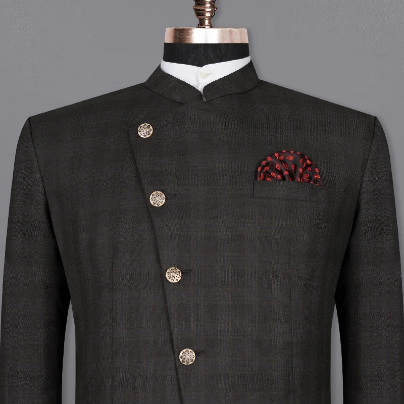 Best wedding suit for men -Thunder brown Plaid Cross Placket Bandhgala Wool Rich Blazer