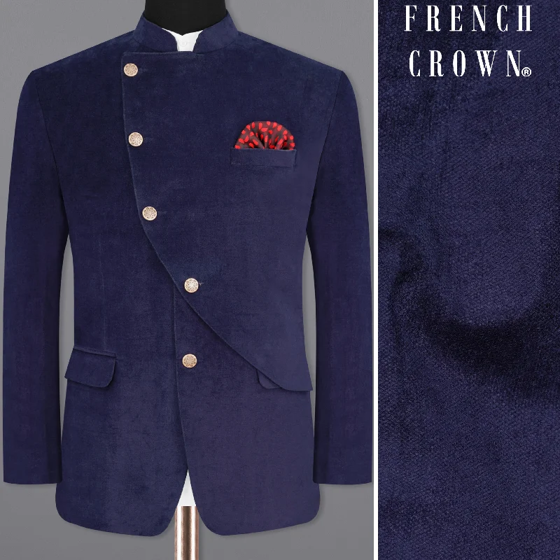 Men's winter wool suit -Tolopea Navy Blue Cross Placket  Bandhgala Corduroy Premium Cotton Designer Blazer