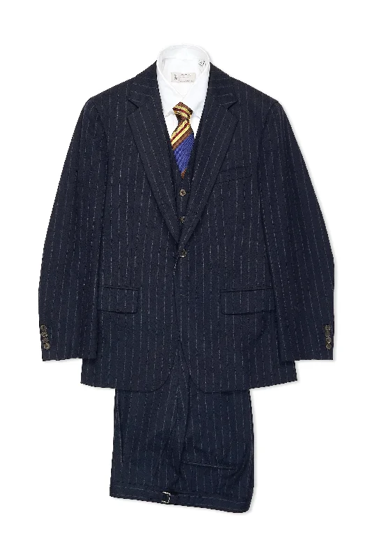 Best tuxedo for business dinner -WW Chan Navy Chalkstripe Flannel Three Piece Suit Bespoke